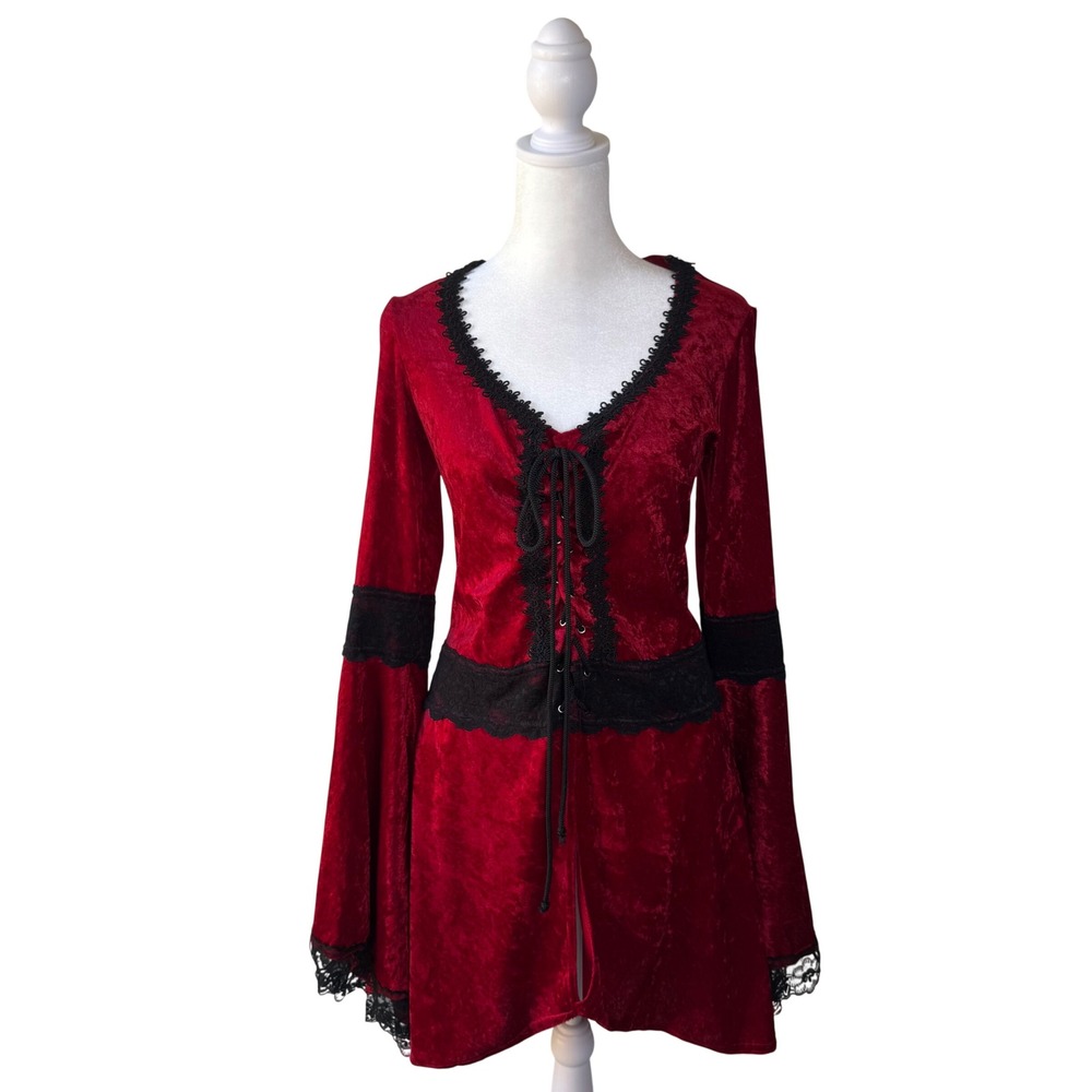 Vintage Y2K 90s Lip Service Corset Bell Sleeve Lace up Crushed Velvet Top Goth L